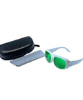 Top Shelf Red Laser Safety Glasses With Straight Up OD6 Protection And Crisp Clear Lenses Covering 620 To 700Nm displayed with case and cleaning cloth.