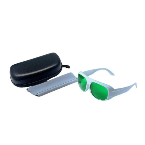 Top Shelf Red Laser Safety Glasses With Straight Up OD6 Protection And Crisp Clear Lenses Covering 620 To 700Nm displayed with case and cleaning cloth.