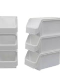 Set Of Six Crisp White Stackable Storage Bins Featuring Lockdown Grip Base And Crystal Clear Front Panels To Kick Pantry Chaos To The Curb And Tame Craft Tables, stacked design.