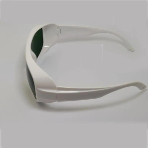 Heavy Duty Laser Safety Glasses, Big Time Telecom And Nd:Yag Diode Eye Protection, side view of clear lens and white frame.