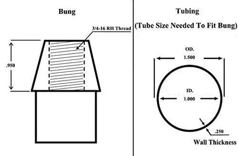 Diagram of bung with 3/4-16 RH thread dimensions and corresponding tubing size for High Output Three Quarter Inch 3 4 16 Thread 4 Link Rod End Kit.