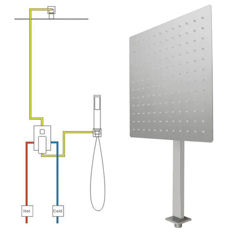 Diagram and 10-inch wall-mounted shower head from Rainfall Shower System Bundle With 10 Inch Concealed Wall Mount Head And Handheld Luxury Stainless Steel Mixer Shower Faucet Set Brass Valve Easy Install Top Notch Spa Quality Shower Experience At Home