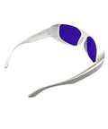 Heavy Duty Yellow Laser Safety Glasses Serving Straight Up Tough Eye Armor For 560 To 600nm Wavelengths With OD 6 Plus Coverage Built Rock Solid For Pro Labs And Tech Shops side view with purple lenses.