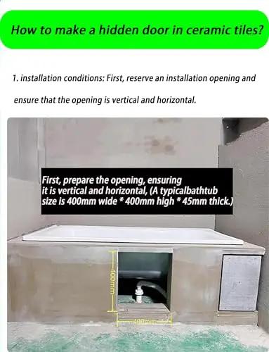 Heavy Duty Hidden Access Panel With Concealed Door Hinge Kit For Tile And Stone bathroom installation guide showing dimensions in tiles.