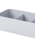 Slick Four Compartment Plastic Underwear Storage Box For Closet Dresser Drawers, grey plastic organizer with three sections.