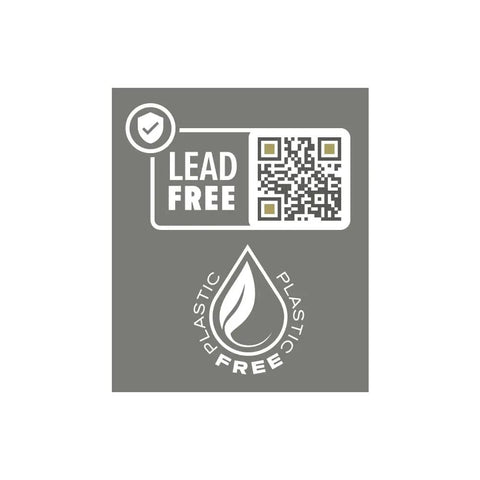 Label showing 'Lead Free' and 'Plastic Free' certification with a QR code.
