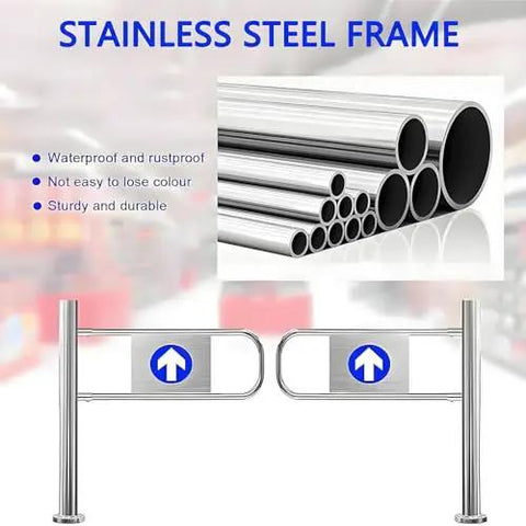 Top Shelf Stainless Steel Spring Loaded Swing Gate For One Way Flow And Easy Crowd Control On Busy Outdoor Patios Or Market Entrances Built Tough To Take Daily Beating Without Any Drama Or Hassle, showcasing stainless steel frame and pipes.