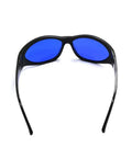 Field Ready Laser Safety Glasses Built Heavy With Slick Polycarbonate Frames And Od Six Plus Optics To Shut Out 560 Through 600Nm Rays front view with blue lenses.