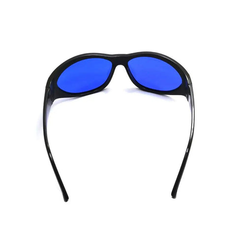 Field Ready Laser Safety Glasses Built Heavy With Slick Polycarbonate Frames And Od Six Plus Optics To Shut Out 560 Through 600Nm Rays front view with blue lenses.