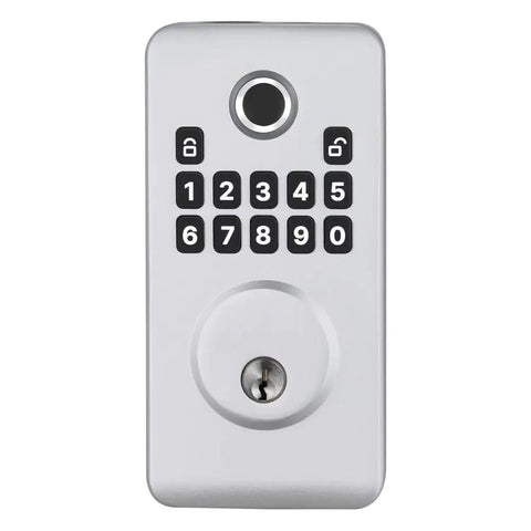 Hassle Free Fingerprint Door Lock With Silver Biometric Deadbolt And Auto Locking For Rapid Keyless Entry showing numeric keypad.