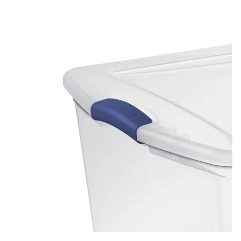 Close-up of Badass 105 Quart Clear Plastic Storage Bin With Snug Blue Latching Lid for easy handling and organization.