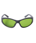 Heavy Duty Laser Safety Glasses With Crystal Clear Lenses Providing Straight Up Protection Against 660nm And 800 To 1095nm Wavelengths Featuring OD5 Rating For Labs And Clinics, front view, green lenses.