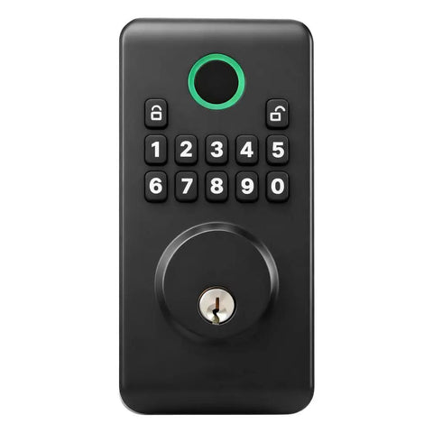 Matte Black Keyless Entry Door Lock With Auto Lock Keypad and Smooth Grip Design For Zero Fumbling Access and A Sleek Look That Puts You In Control So You Can Lock It Up Real Tight Every Single Time, front view.
