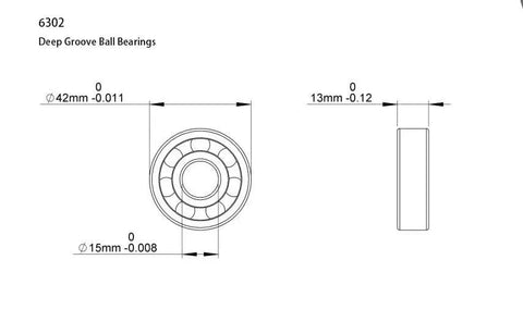 6302 ZZ Deep Groove Ball Bearings diagram showing dimensions 15x42x13mm, Chrome Steel, double metal shielded, for repair use.