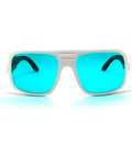 Heavy Duty Pro Grade Red Laser Protective Glasses, white frame, blue lenses, front view, offers eye safety for 620-700 Nm.