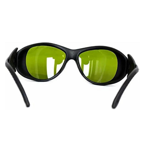 Kickass Wide Spectrum Laser Safety Glasses Offering Hella Tough OD5 Protection And Industrial Pc Lens Build For Complete 190 Nm To 1700 Nm Eye Coverage, front view with green lenses.
