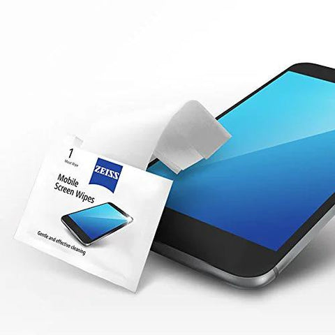 ZEISS Mobile Screen Wipes packet beside a smartphone, white pre-moistened cleaning wipes