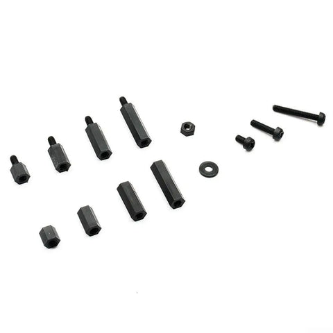 For M3 Nylon Hex Spacer Standoff Kit 320 Pieces Includes M3 Male And Female Screws Nuts Washers And Threaded Pillars For PCB Motherboard Electronics Assembly Lightweight Durable Black Nylon Build Insulated And Resistant, black nylon standoffs and screws on white background