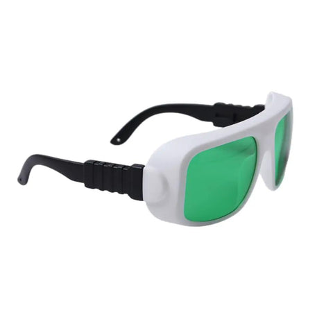 Top Shelf Laser Safety Glasses With Od3 Plus And Od5 Plus Optical Density For Red And Infrared Beam Coverage Clear Lens side view with green lenses.