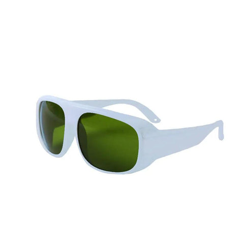 Top Tier Infrared Laser Protective Glasses With Nd:Yag Optical Density Eight Plus Clear Lens Built To Handle Heavy Duty Shop And Industrial Tech Load Reliable Gear, white frame, green lenses.