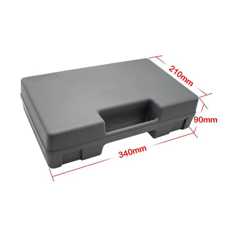 High Precision Digital Force Gauge And Push Pull Meter Featuring Lcd Tension Dynamometer For Newton Strength Testing With Dead Accurate Readouts, gray plastic carrying case, dimensions 340mm x 210mm x 90mm.
