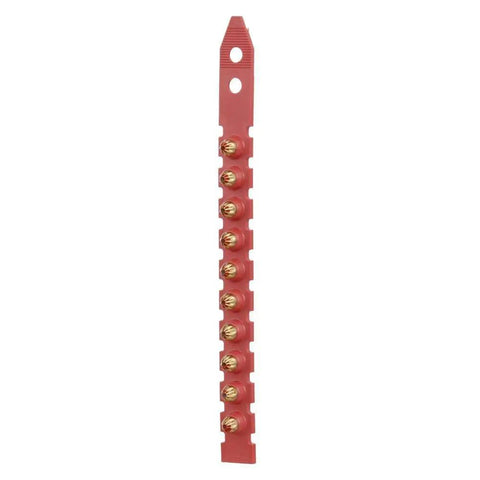Red Shot.27 Powder Actuated Fastener Cartridges Set Of Six For Beefed-Up Construction Jobs displayed in a straight strip