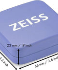 ZEISS lens cleaning accessory tin box with hinged lid, blue metal container, 66 mm x 66 mm x 23 mm