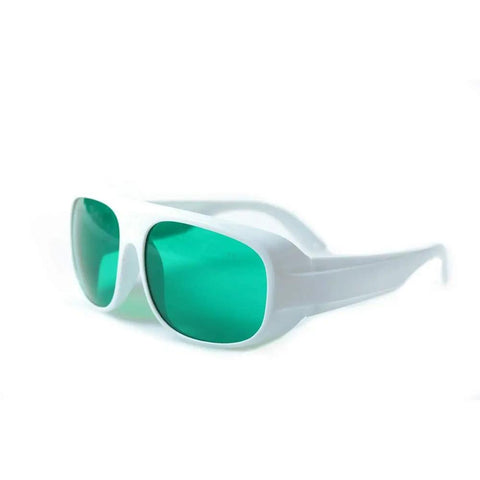 Red Laser Safety Glasses 635Nm And 808Nm Wavelength Optics, white frame, green lenses, comfortable fit, heavy duty for workshops.