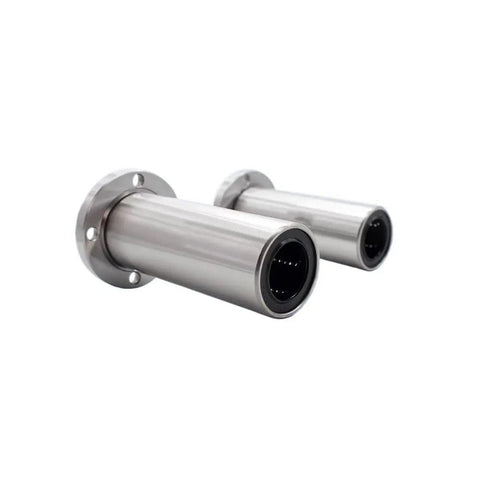 Heavy Duty Round Flange Linear Ball Bearing Built Tough For Plug And Play Smooth Glide Precision Bearing Steel Low Friction High Rigidity For 3D Printers And Machines One Piece, showing two linear ball bearings with flanges.
