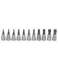 Helluva Tough 34 Piece Socket Set With E Type Sockets And Torx Bits forged chrome vanadium steel socket drivers laid out in a row.