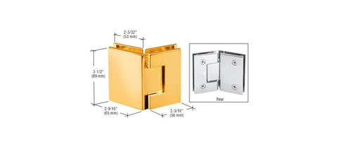 Gold Plated 135 Degree Glass To Glass Hinges With Self Centering Reversible Pivot Pin dimensions and rear view, suitable for tempered shower doors.