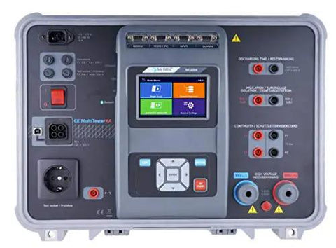 Heavy Duty Pro Grade Electrician Tester Featuring Badass High Voltage Precision Slick Continuity Scanning and Knockout Insulation Resistance Analysis For A Go To No Fuss Job Site Setup control panel with touchscreen and test ports.