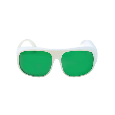 Top Tier Pro Grade Laser Safety Eyewear Blocking 450Nm Blue 650Nm Red And 808Nm Infrared Lasers With Robust Frames And Hella Thick OD4 Plus Filter For Workshop Tasks in green tint.