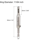Self-centering hinge drill bit for woodworking, 11/64 in diameter, silver; 99mm length with 1/4 in shank