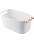 Top Shelf White Plastic Storage Basket With Lidless Opening For Zero Fuss Organization And Straight Up Space Saving Efficiency Ideal For Cozy Living Room Or Bedroom Vibes, featuring a smooth finish and wooden handle.