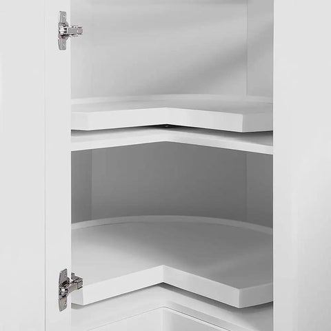 Interior view of 36 Inch White Corner Kitchen Cabinet With Dual Lazy Susan Spin Shelves And Smooth Operator Soft Close Doors.