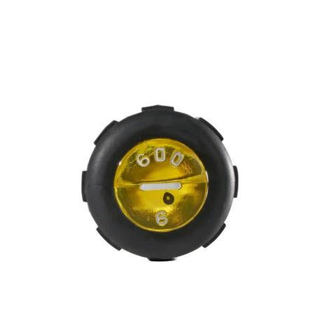 Top view of tool handle with yellow and black finish, showing measurement markings in a circular design.