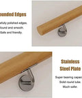 Close-up of Rock Solid Oak Wall Mount Handrail Built On Heavy Duty Steel Brackets showcasing rounded edges and stainless steel plate.