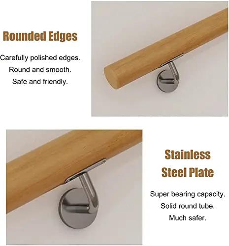 Close-up of Rock Solid Oak Wall Mount Handrail Built On Heavy Duty Steel Brackets showcasing rounded edges and stainless steel plate.