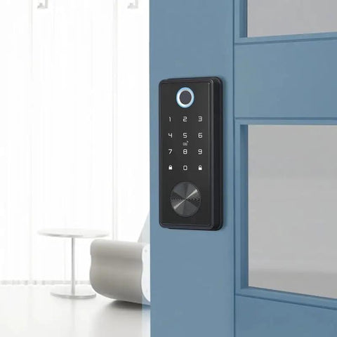 Plug And Play Smart Deadbolt Lock Featuring Biometric Fingerprint And Keyless Keypad Entry For Front Doors mounted on a blue door.