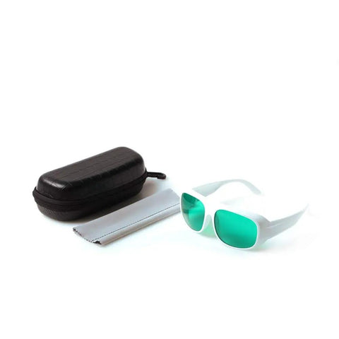 Red Laser Safety Glasses 635Nm And 808Nm Wavelength Optics with black case and cleaning cloth on a white background.
