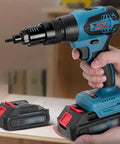 Dead Simple Cordless Electric Rivet Nut Gun Kit Featuring Automatic Push Button Operation For Rapid Hardware Assembly Including Dual Rechargeable Batteries and Pro Grade Workhorse Tool, with batteries.
