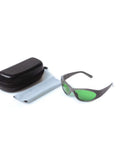 Pro Grade Laser Safety Glasses Built For Heavy Duty Red Diode Work Featuring Rock Solid OD Lens in black case with cleaning cloth.