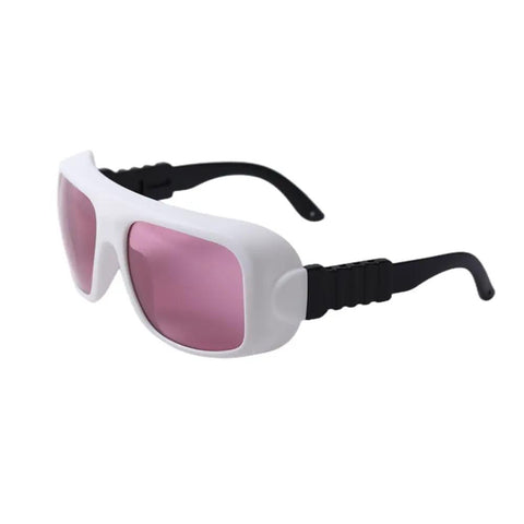 Catch These Dope Near Infrared Laser Safety Glasses For Serious Eye Protection With OD5 Plus Clarity For Any Casual Hobbyist Or Pro Workshop Project You Run Daily, featuring pink lenses and black temples.