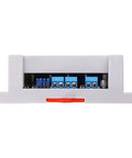 Front view of Optocoupler Isolated GPIO Relay Module, 4 Channel, Dual Mode High And Low Level Trigger, ABS DIN Rail Mount