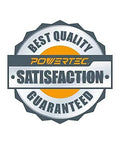Badge with text 'Best Quality Powertec Satisfaction Guaranteed' in a circular design with orange and grey colors.
