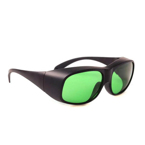Top Shelf Laser Safety Glasses Delivering Knockout Eye Protection For 635Nm 808Nm And 980Nm Diodes featuring black frame and green lenses.