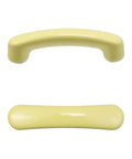 Top view of two glossy yellow ceramic cabinet pulls, featuring a slick high gloss finish, 95 mm long, ideal for kitchens.