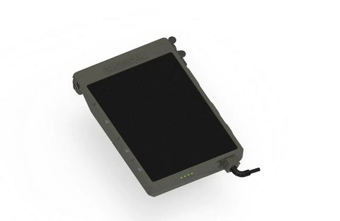 Run Forever Solar Panel With Built In High Capacity Battery For Trail Cameras, dark tan weatherproof design for outdoor use.