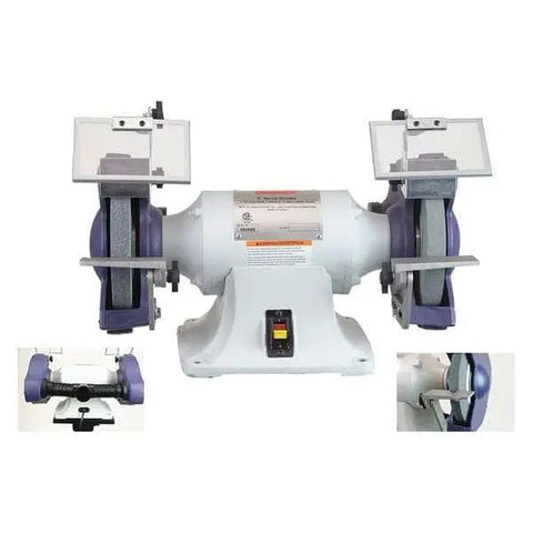 Pro Shop Ready 8 Inch Bench Grinder With 36 60 Grit Wheels And 5/8 Inch Arbor, featuring durable spark shields and heavy-duty base.